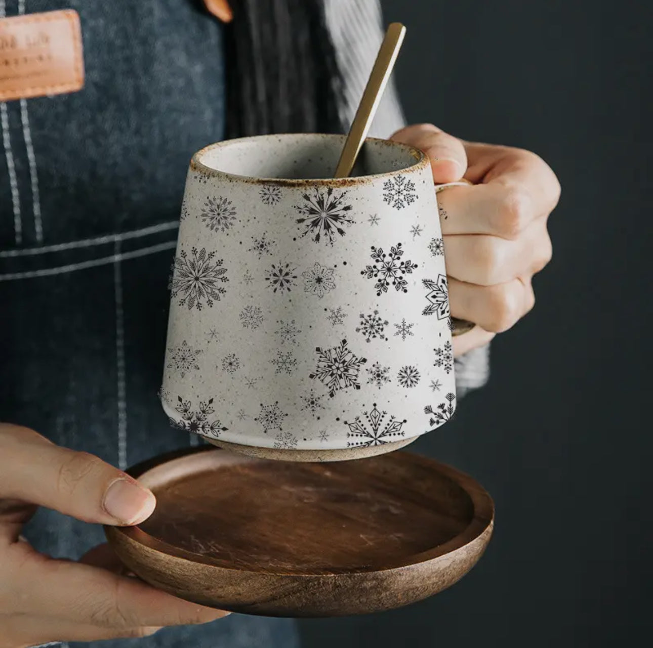 Frostflake Stoneware Mug with Dark Wood Coaster